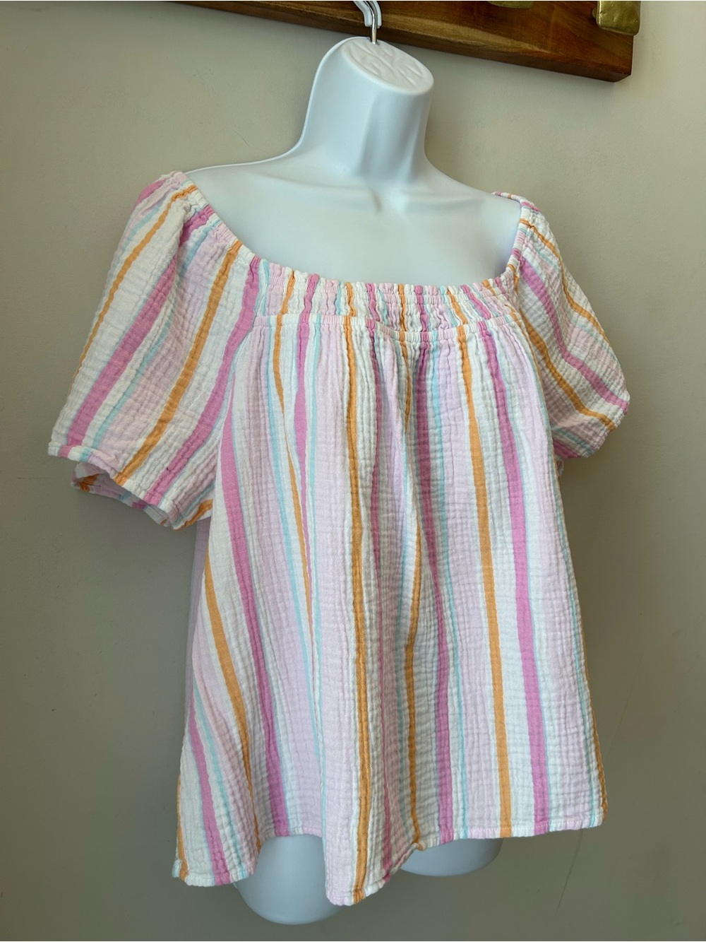 Coastal Cottagecore Pastel Stripe Cotton Gauze Peasant Top Plus Size - 2XL